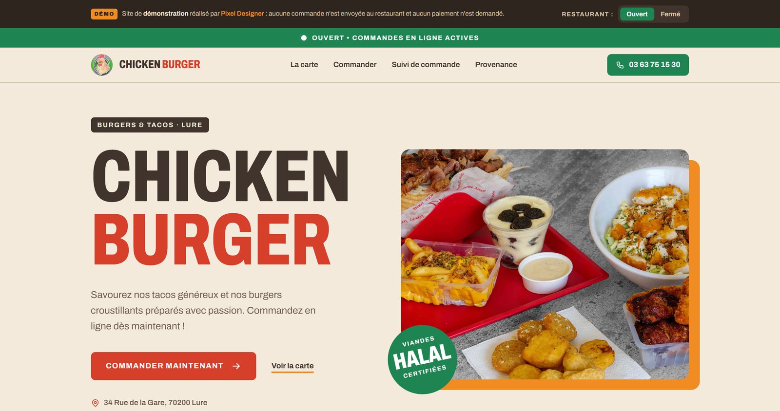 Page d'accueil du site Chicken Burger, restaurant à Lure