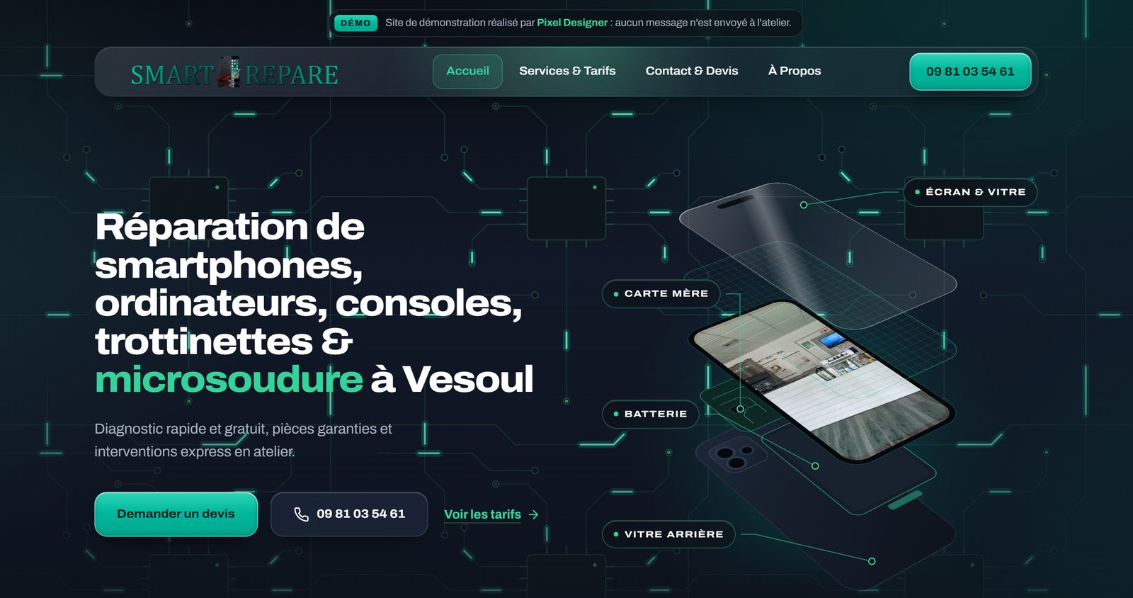 Page d'accueil du site Smart Repare, atelier de réparation à Vesoul